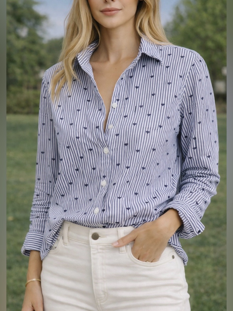 Frank & Eileen Navy White Stripe Heart Button Down Shirt Italian Cotton Size L
